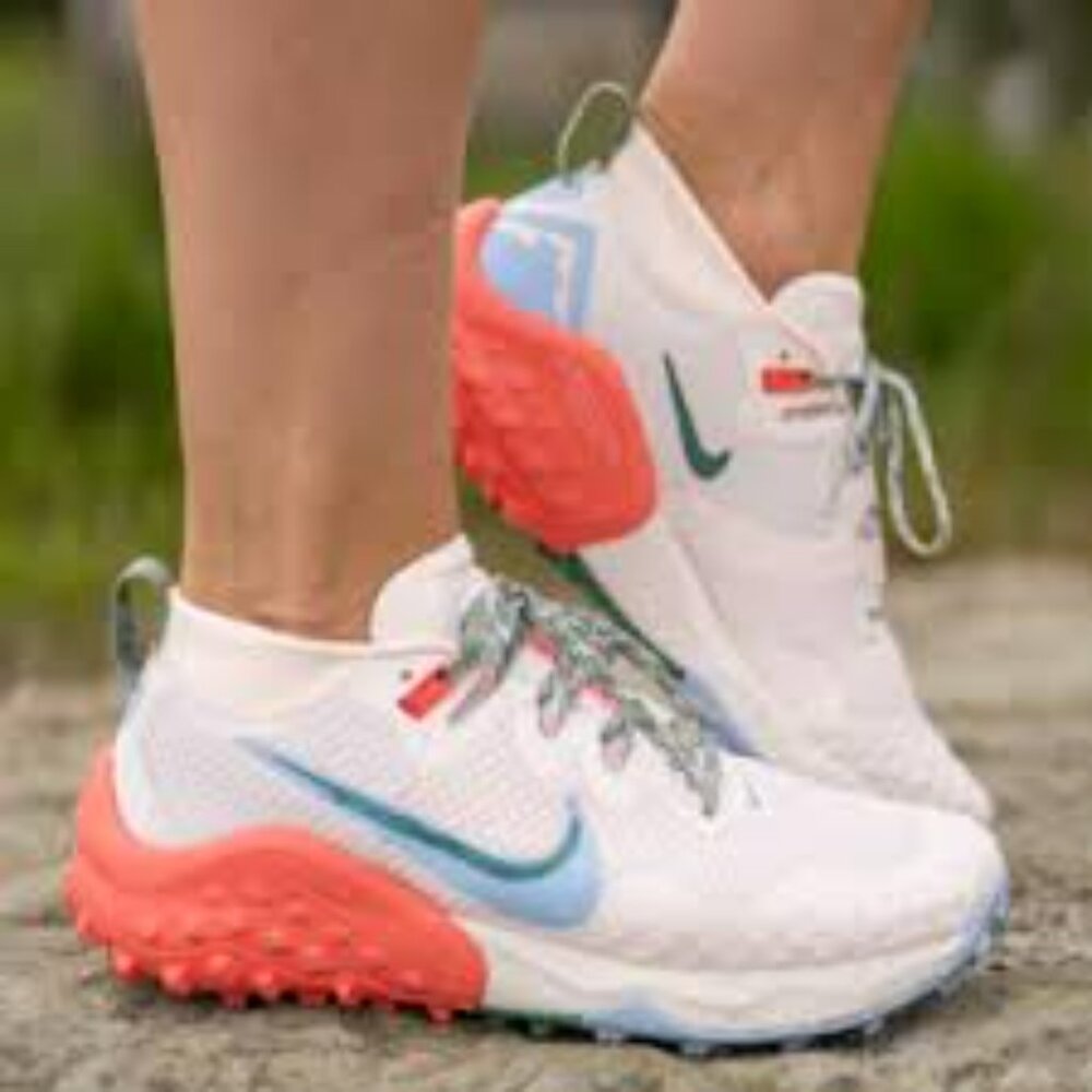 Nike Women's White Sneakers with Coral & Light Blue Accents